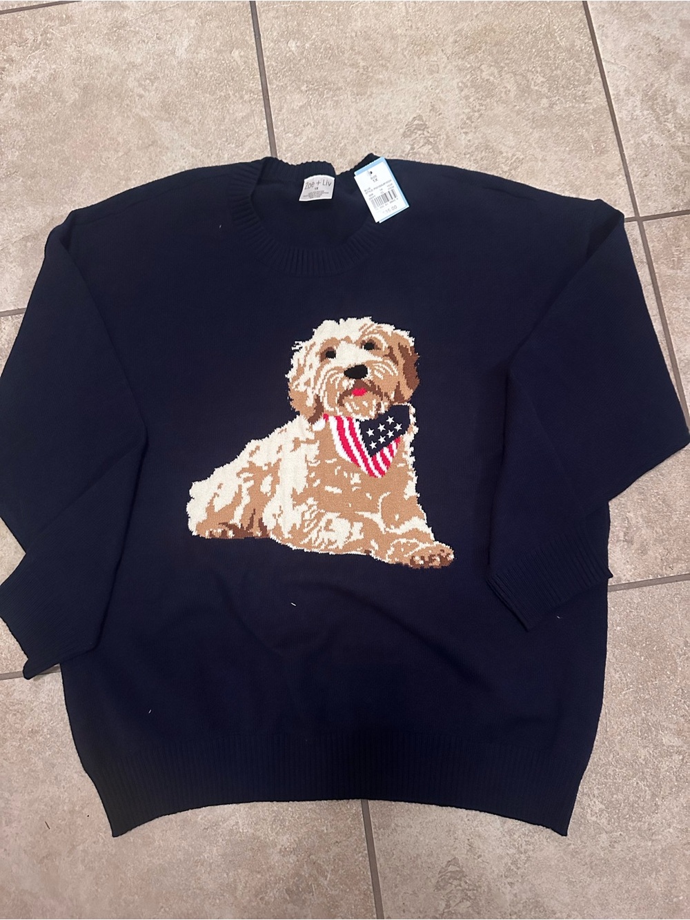 Zoe + Liv Navy Crewneck Sweater with Tan & Cream Dog Intarsia